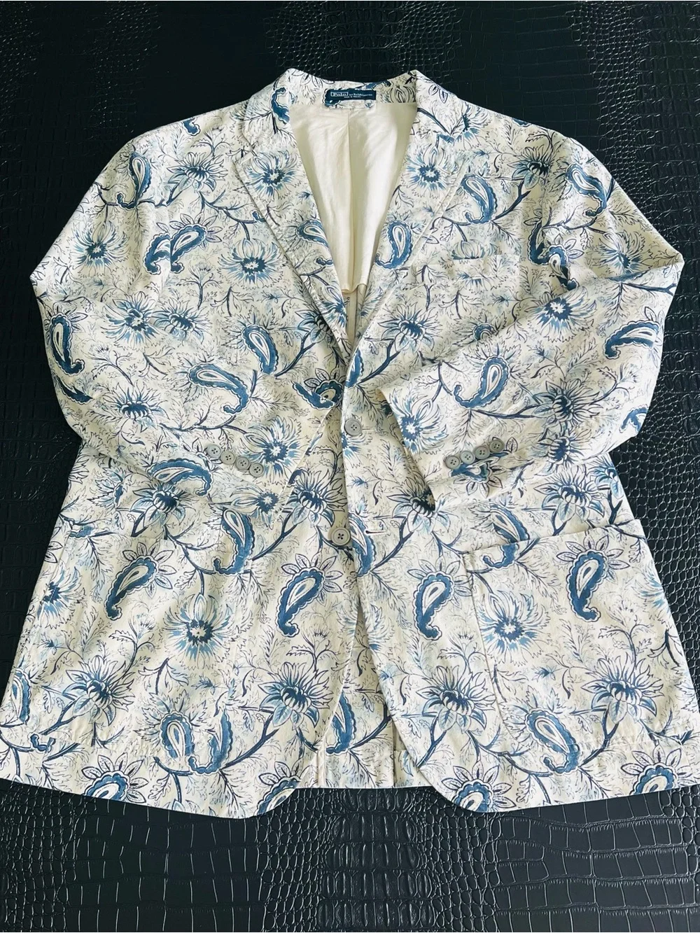 Polo Ralph Lauren Light Cotton Cream Blazer with Blue Floral Paisley Print